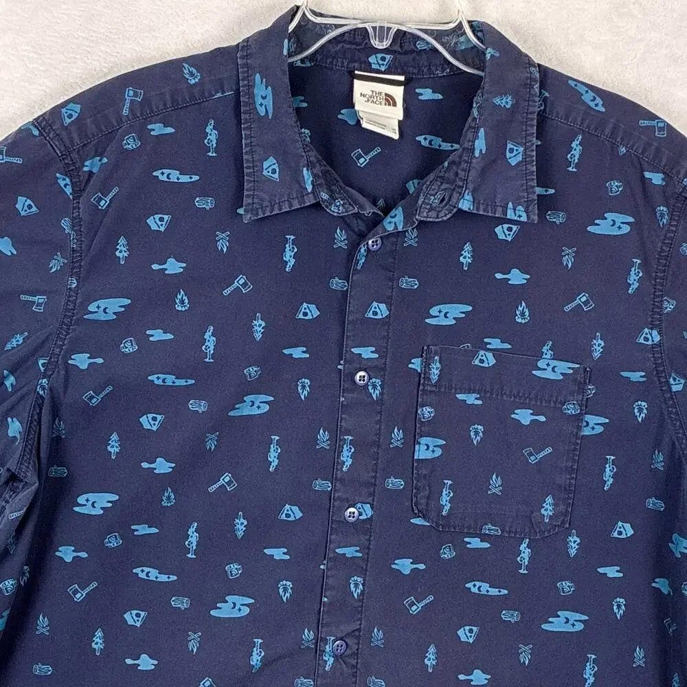 North Face Camp Shirt Mens XXL Blue Baytrail Tent Tree Axe AOP Outdoor Preppy